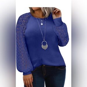Eytino Womens Plus Size Tops Lace Long Sleeve Round Neck Casual Loose Blouses